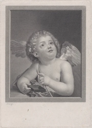 Cupid feeling the point of an arrow by Johann Friedrich Bause, print, 1790
