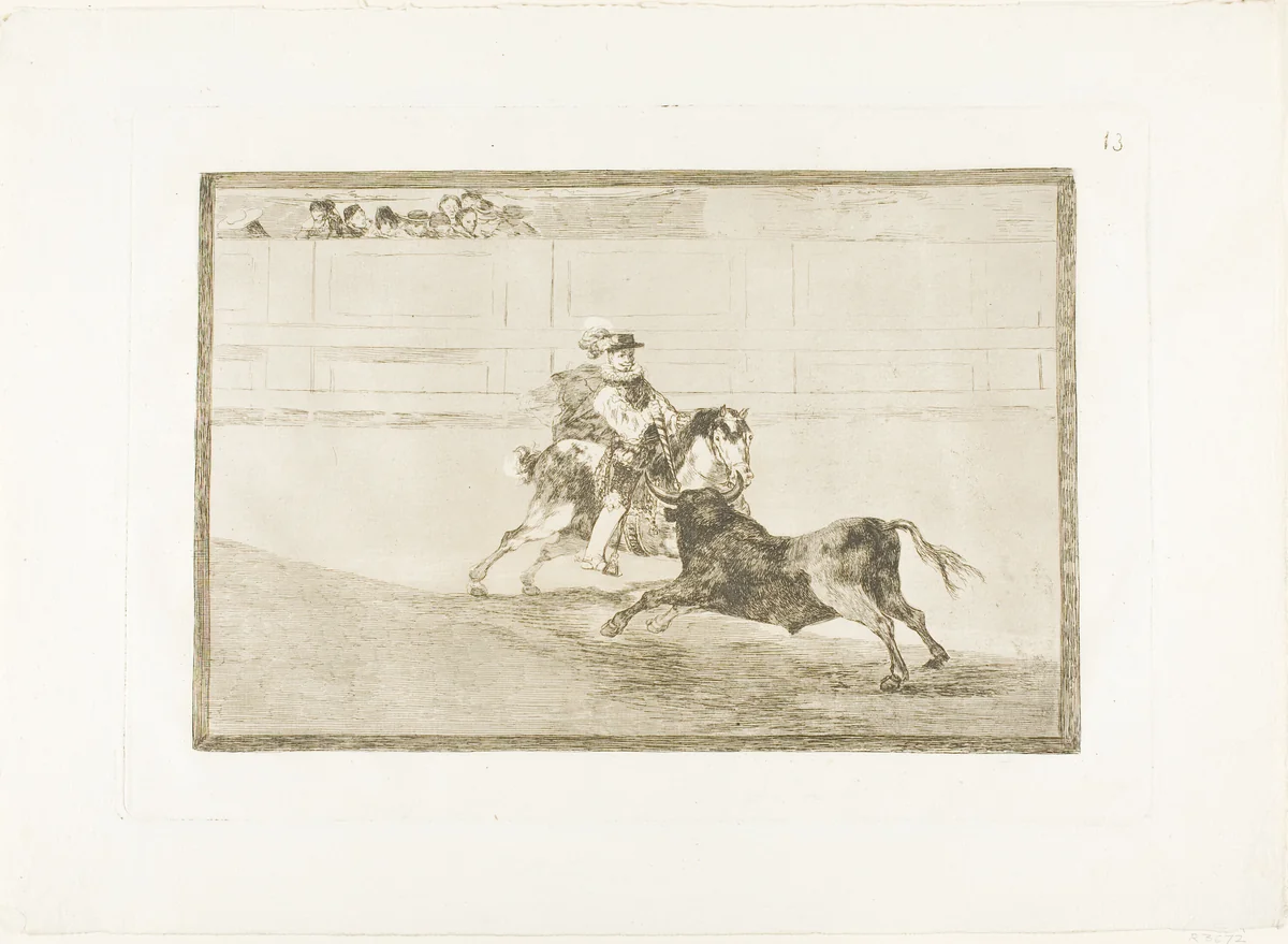 A Spanish mounted knight in the ring breaking short spears without the help of assistants, plate 13 from The Art of Bullfighting by Francisco José de Goya, print, 1814-1816