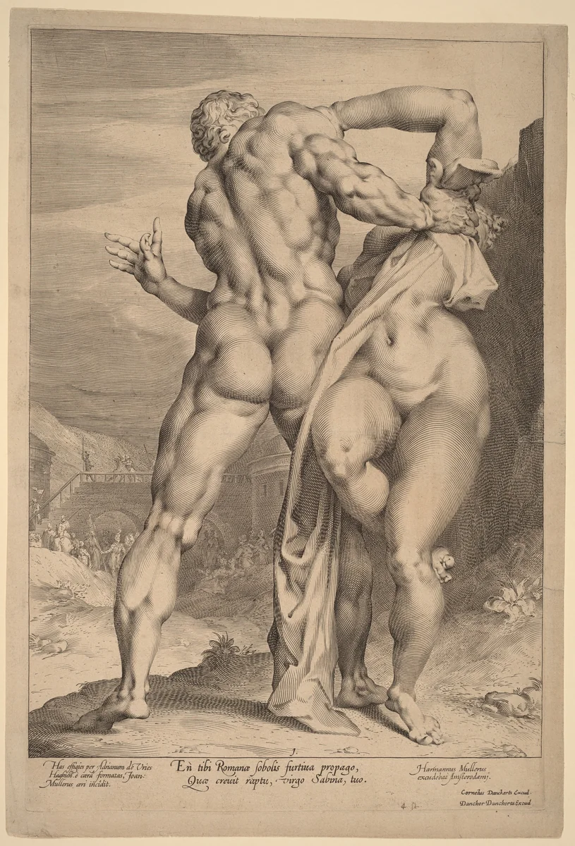 The Rape of a Sabine Woman (View from Behind) by Jan Muller; Adriaen de Vries; Dancker Danckerts, print, 1593-1603