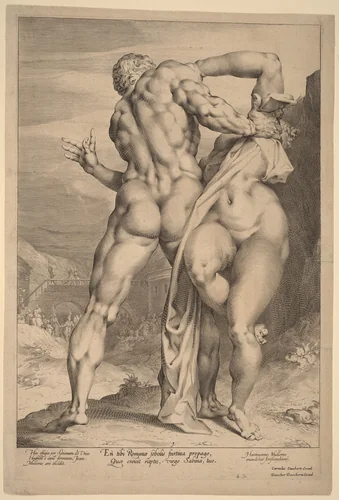 The Rape of a Sabine Woman (View from Behind) by Jan Muller; Adriaen de Vries; Dancker Danckerts, print, 1593-1603