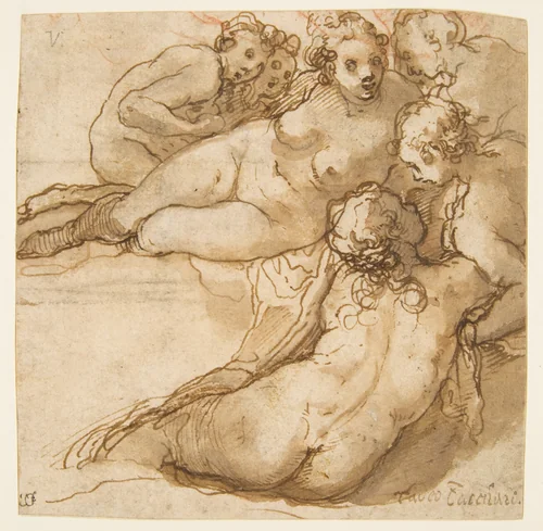 Group of Six Reclining Nude Women (Nymphs Bathing) (recto); Sketch of a Leg (verso) by Taddeo Zuccaro, drawing, 1529-1566