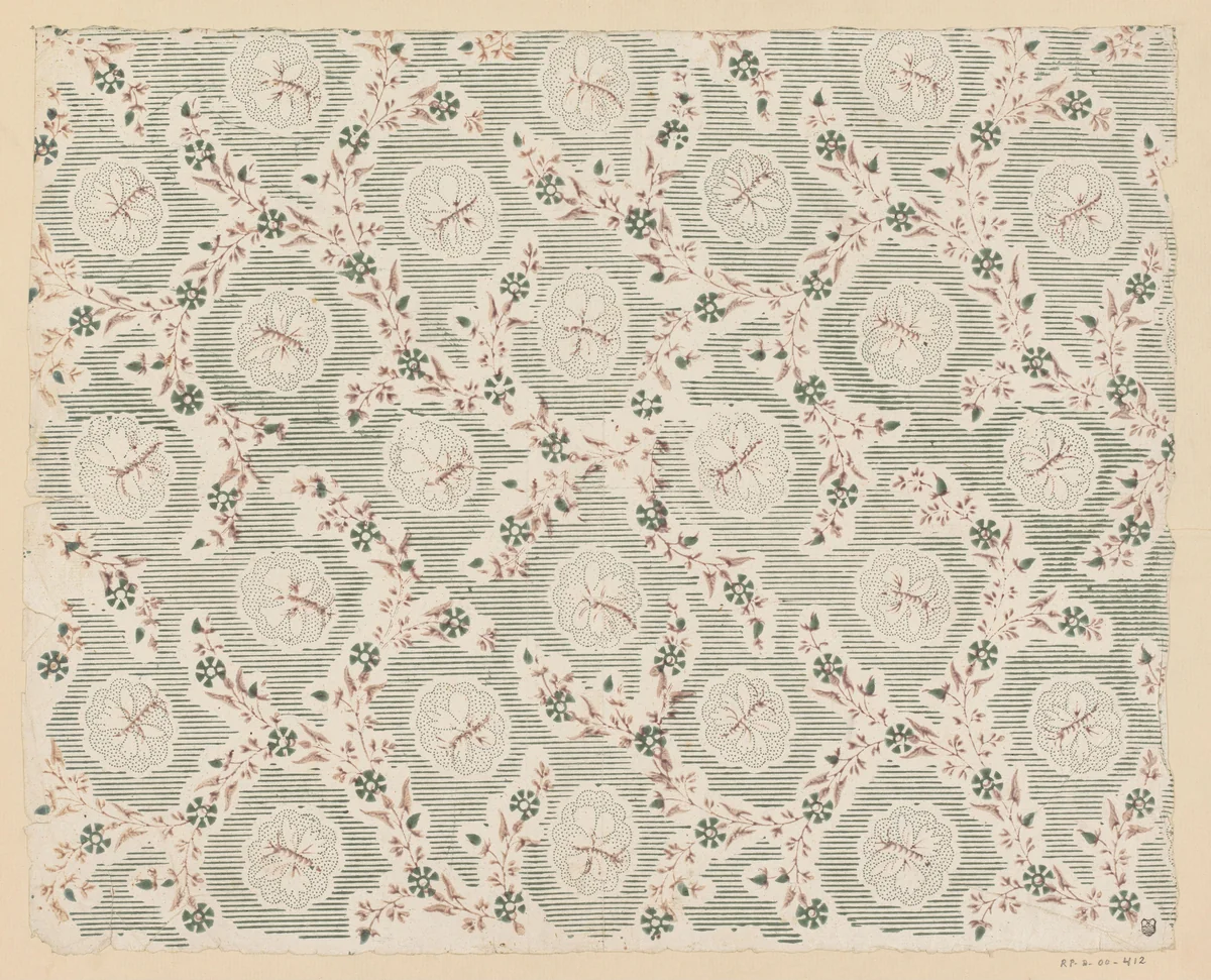 Blad met strooipatroon van bladmotief tussen slingerende ranken en lijnenfond by anonymous, print, 1700-1850