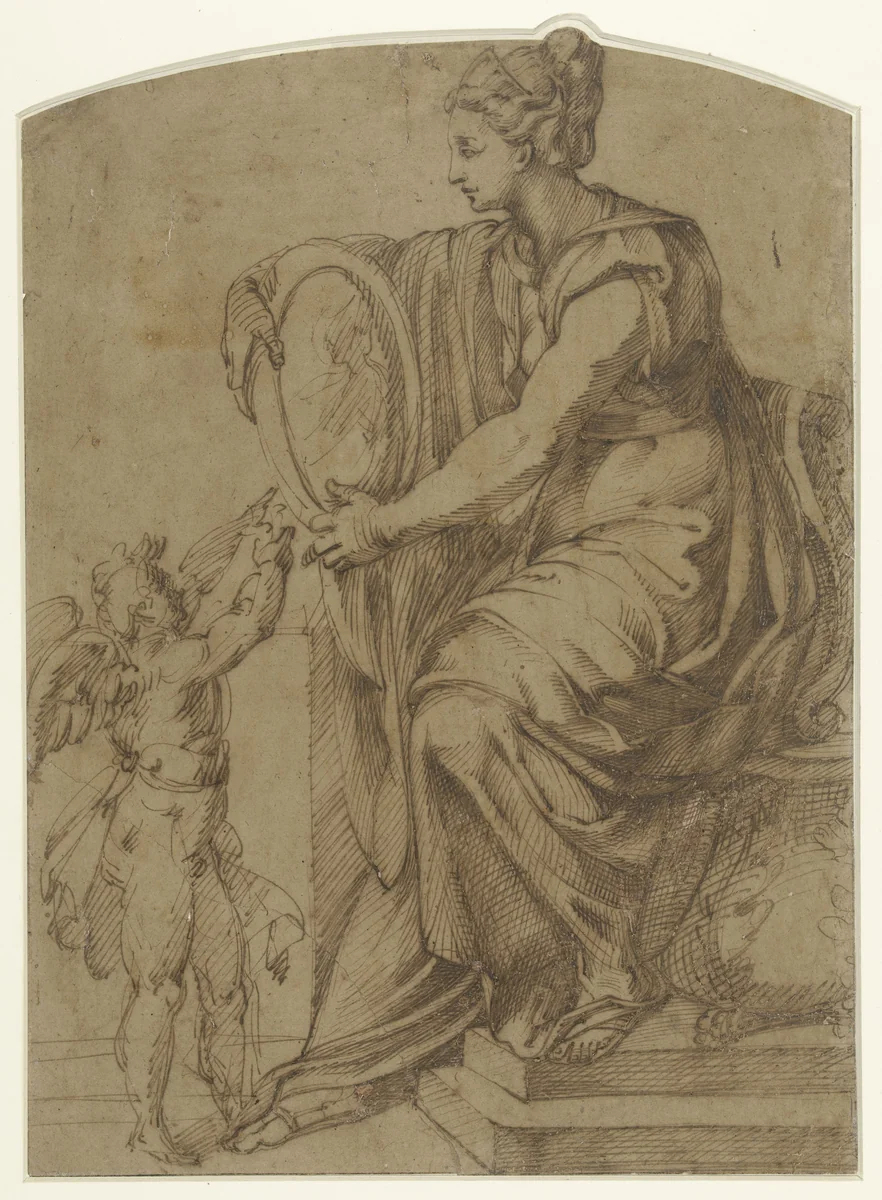 Vrouw met een spiegel op een troon zittend (Prudentia?) by Bartolomeo Passarotti, drawing, 1538-1592