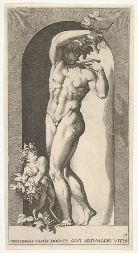Plate 17: Bacchus standing in a niche, holding grapes over a plate, accompanied by an infant satyr, from a series of mythological gods and goddesses by Giovanni Jacopo Caraglio, print, 1526