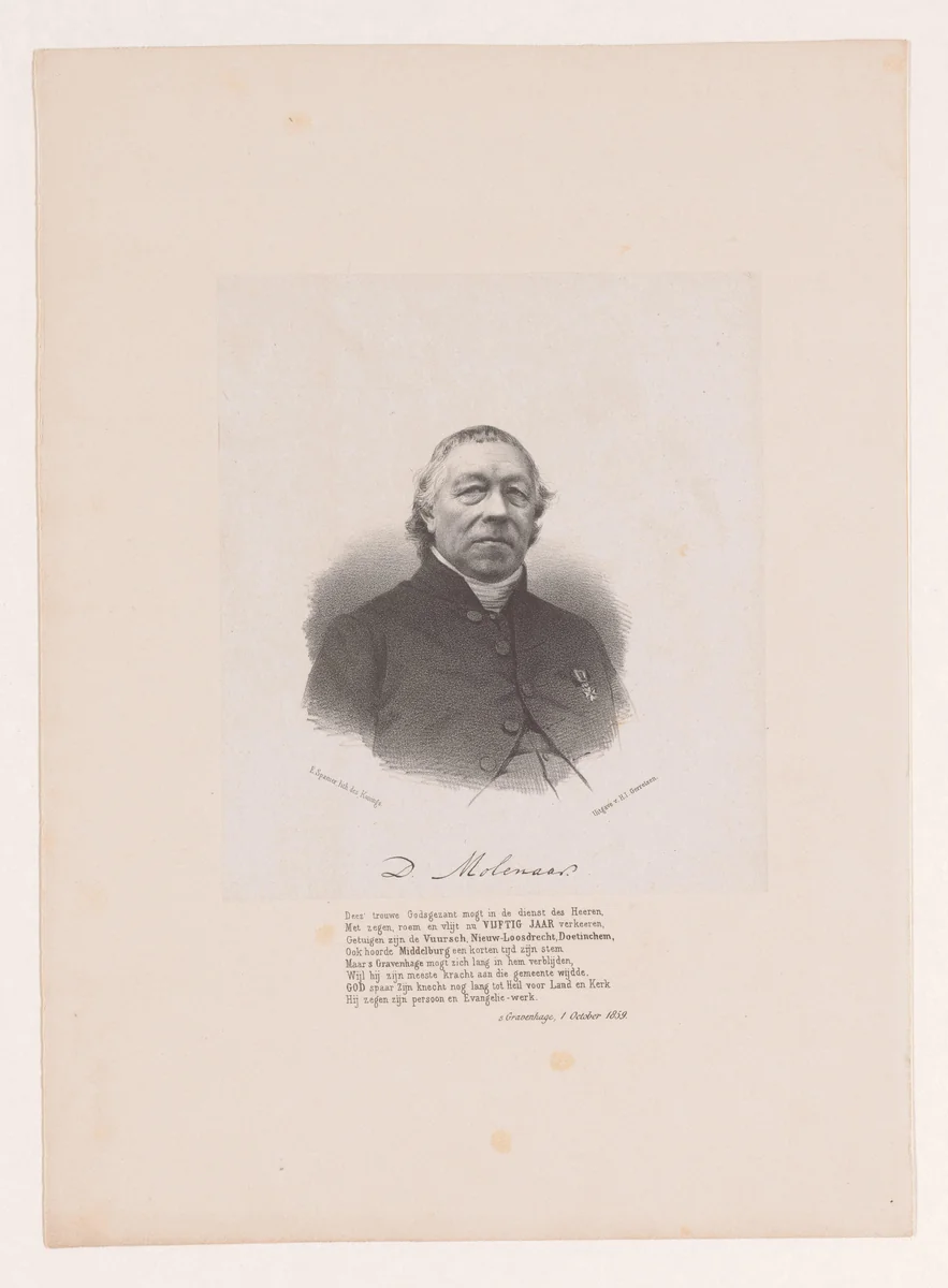 Portret van Dirk Molenaar by anonymous, print, 1859