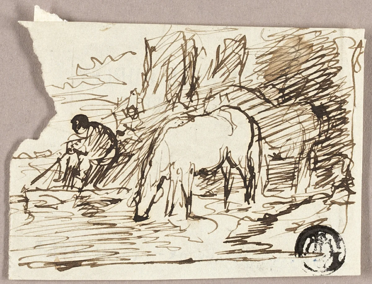 Sketch of Watering Horses and Fisherman by John Burnet, drawing, 1842-1852