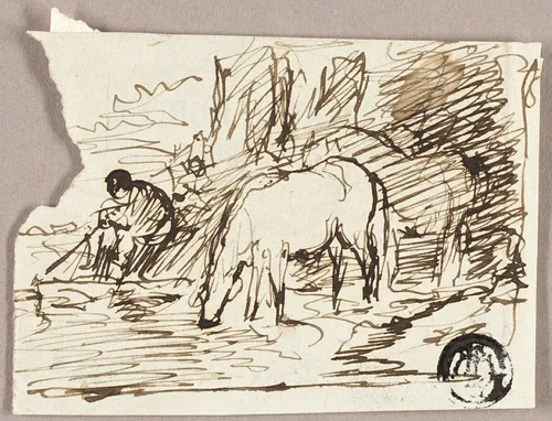 Sketch of Watering Horses and Fisherman by John Burnet, drawing, 1842-1852