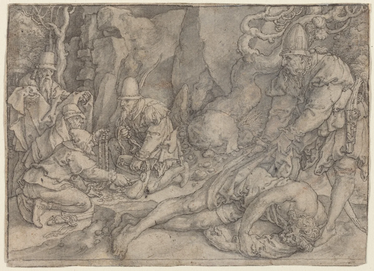 A Man Overpowered By Thieves by Heinrich Aldegrever, drawing, 1554