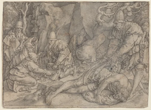A Man Overpowered By Thieves by Heinrich Aldegrever, drawing, 1554
