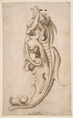 Cartouche in the Form of a Horned Monster's Head in Near Profile View by Michelangelo Colonna, drawing, 1604-1687