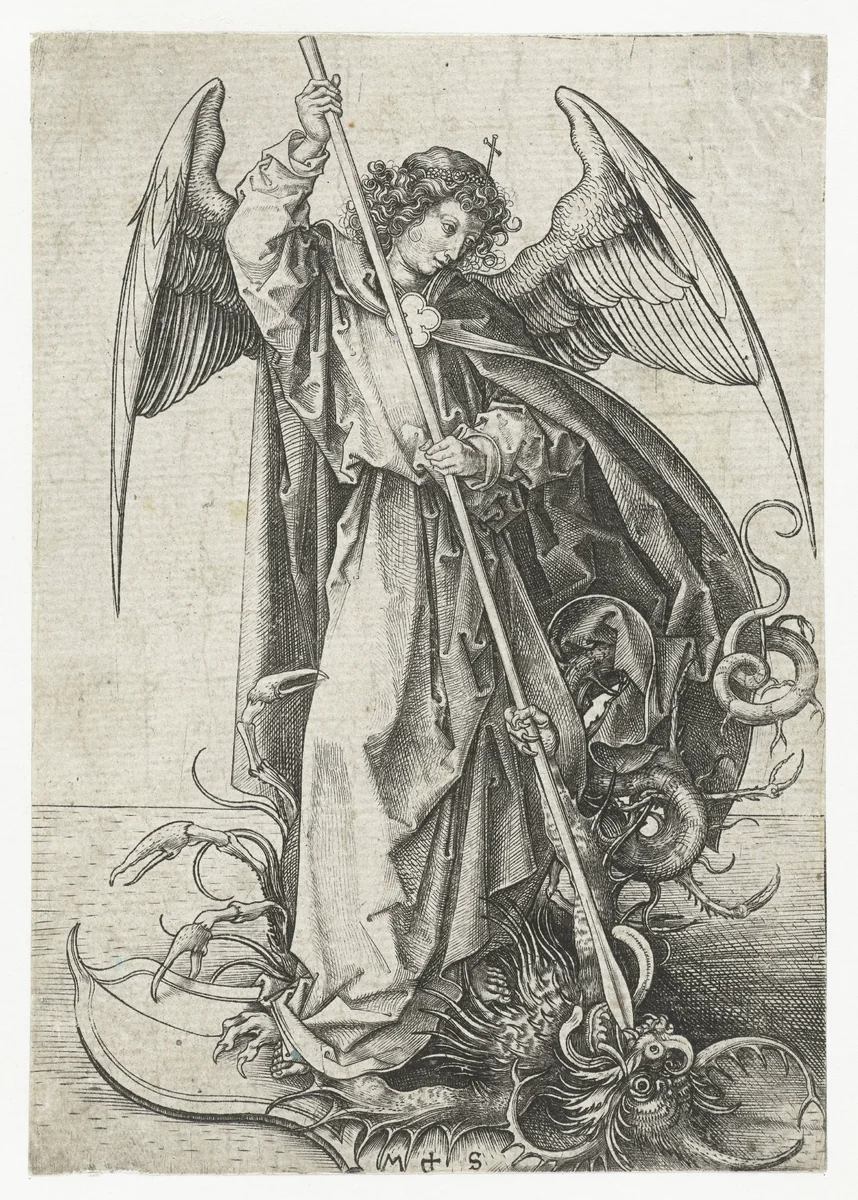 De Heilige Michaël en de draak by Unknown, print, 1470-1491