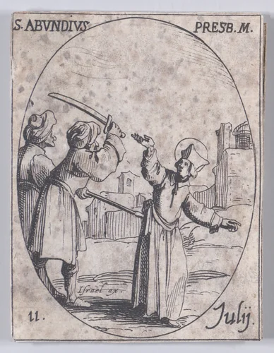 S. Abondie, prêtre et martyr (St. Abundius, Priest and Martyr), July 11th, from "Les Images De Tous Les Saincts et Saintes de L'Année" (Images of All of the Saints and Religious Events of the Year) by Jacques Callot, print, 1636