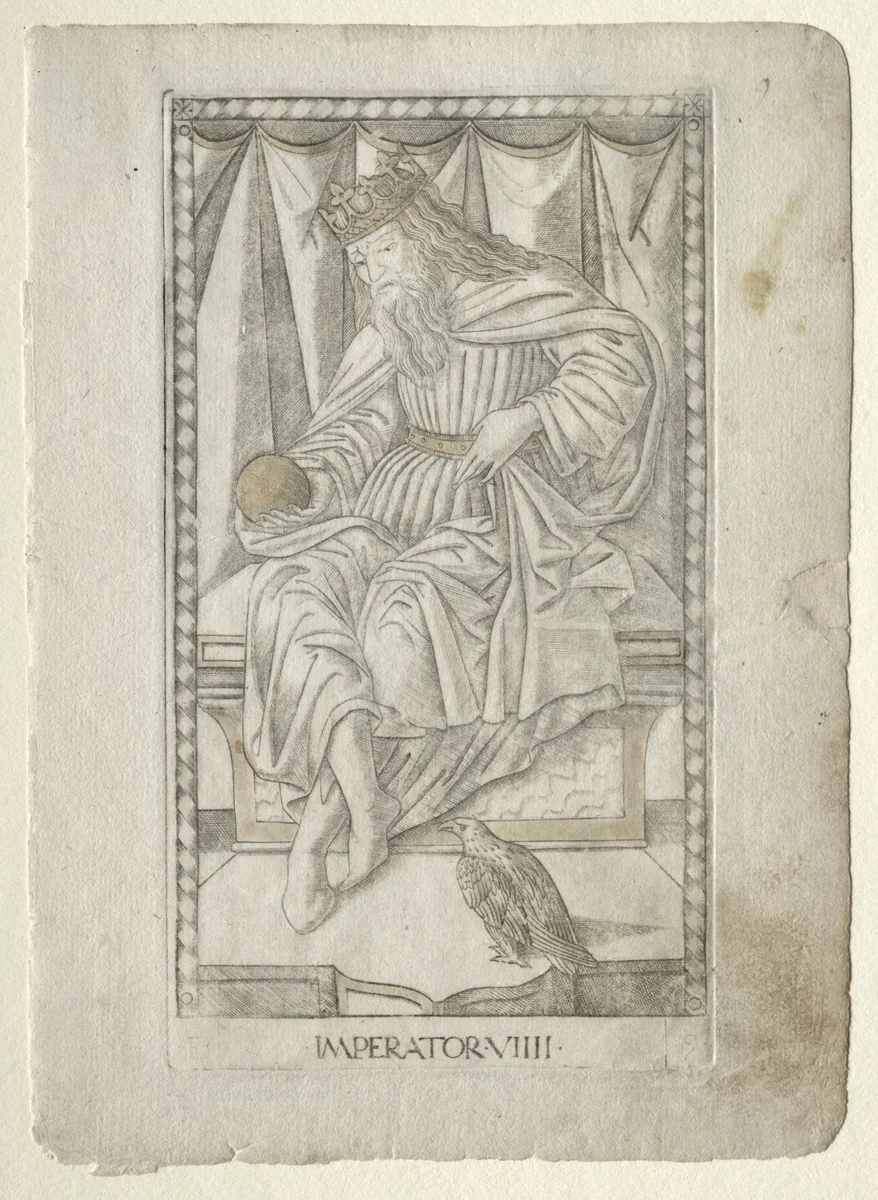 The Emperor (from the Tarocchi, series E: Conditions of Man, #9) by Master of the E-Series Tarocchi, print, 1457-1467