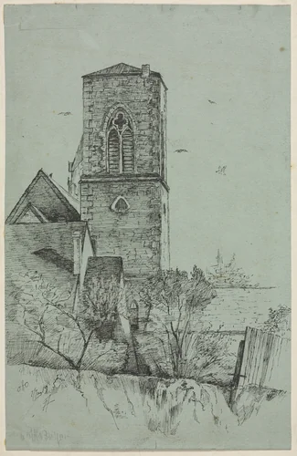 Tower of the Chimes, Old Trinity, Cleveland by Otto H. Bacher, drawing, 1865-1909