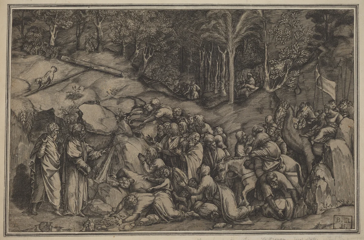 Moses Striking the Rock by Lorenzo de Musi, print, 1474-1614