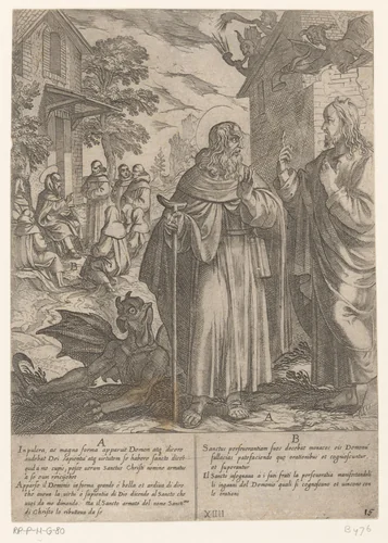 H. Antonius spreekt tegen een demon by Antonio Tempesta, print, 1598