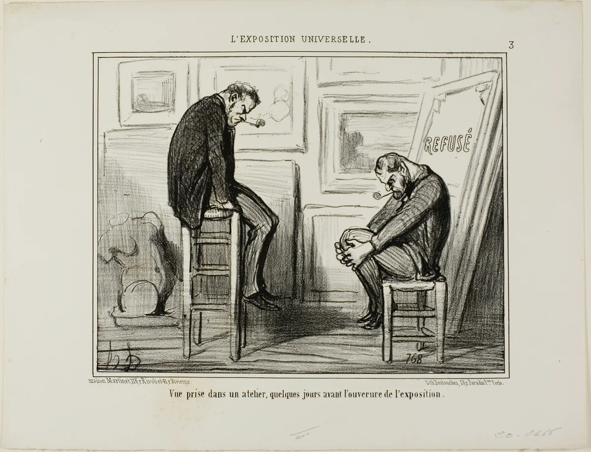View Taken in a Studio a Few Ways before the Opening of the Exhibition, plate 3 from L'exposition Universelle by Honoré-Victorin Daumier, print, 1855