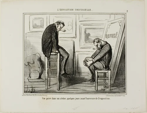 View Taken in a Studio a Few Ways before the Opening of the Exhibition, plate 3 from L'exposition Universelle by Honoré-Victorin Daumier, print, 1855