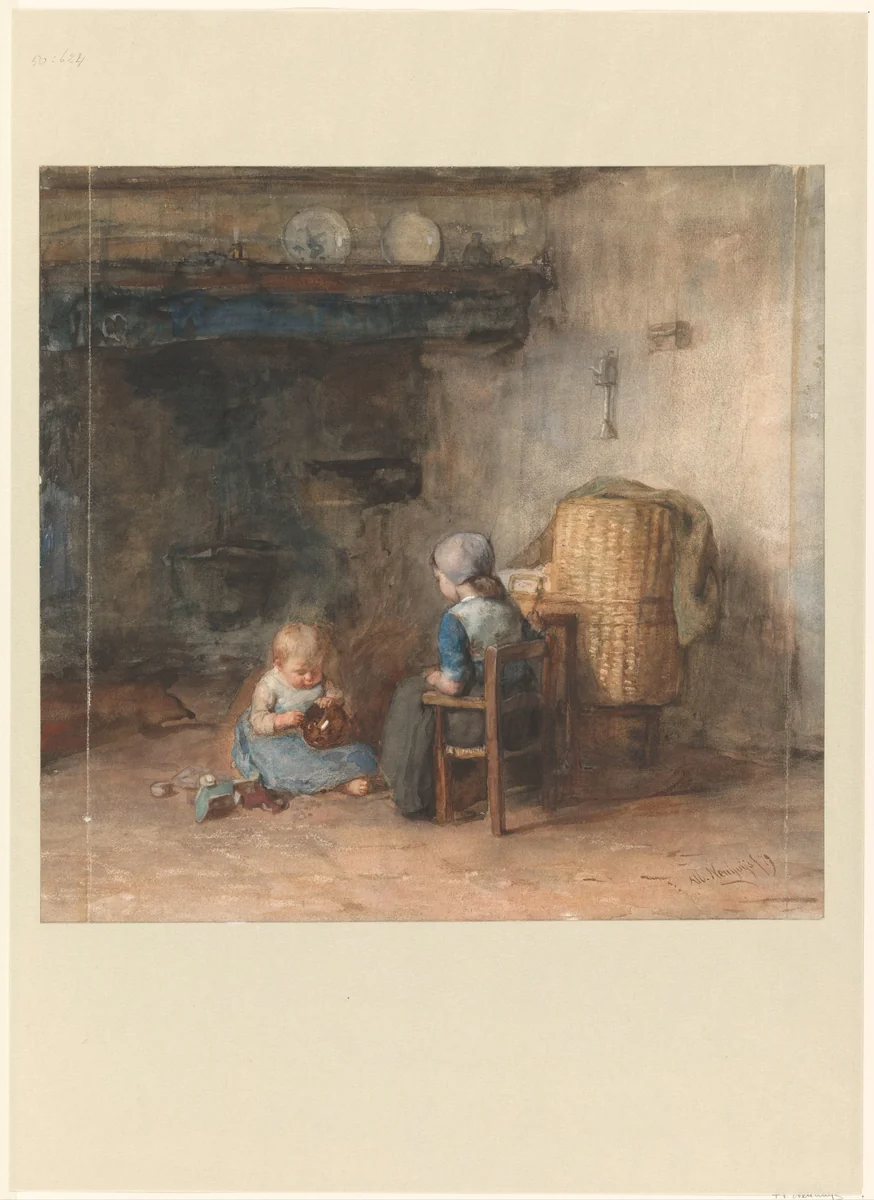 Twee kinderen in een boereninterieur by Albert Neuhuys, drawing, 1879