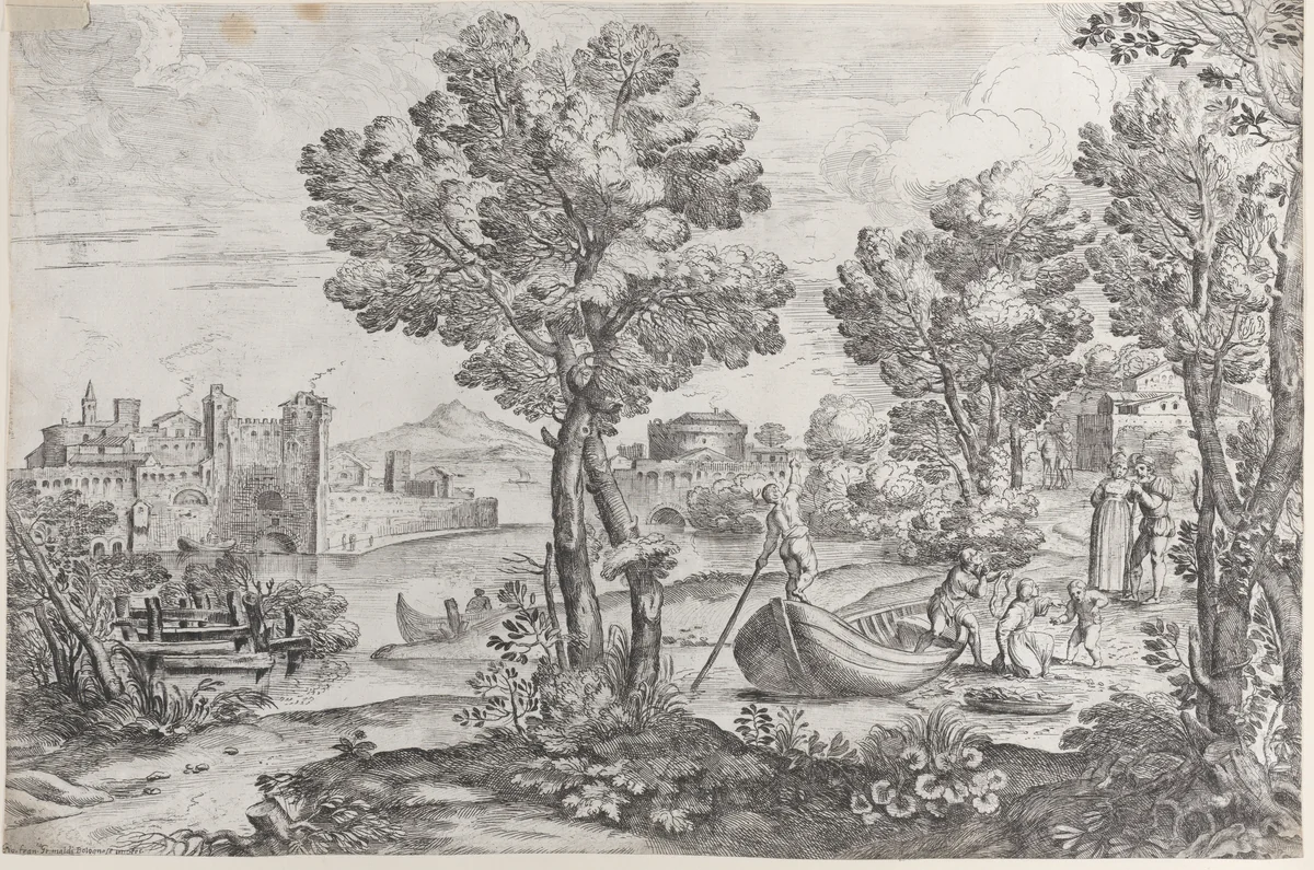 Landscape with a man holding a snake to a terrified child, watched by a fashionably dressed couple on the riverbank at right by Giovanni Francesco Grimaldi, print, 1626-1680