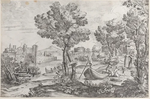 Landscape with a man holding a snake to a terrified child, watched by a fashionably dressed couple on the riverbank at right by Giovanni Francesco Grimaldi, print, 1626-1680
