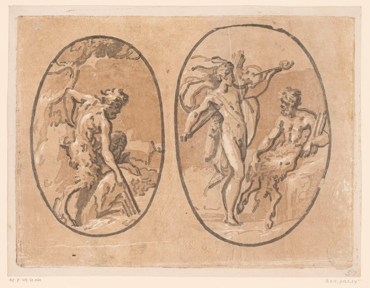 Marsyas vindt Minerva's panfluit en de wedstrijd tussen Apollo en Marsyas by Unknown, print, 1502-1532