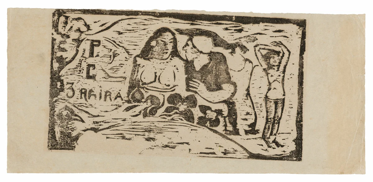 Bust of a Nude Woman and Three-Quarter Figure of a Man with a White Cap in Profile, Third Small Figure at Far Right, headpiece for Le sourire by Paul Gauguin, print, 1899-1900