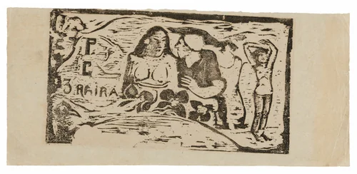 Bust of a Nude Woman and Three-Quarter Figure of a Man with a White Cap in Profile, Third Small Figure at Far Right, headpiece for Le sourire by Paul Gauguin, print, 1899-1900