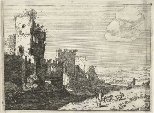 Geitenherder bij een kasteelgracht by Laurens Barata, print, 1628-1656