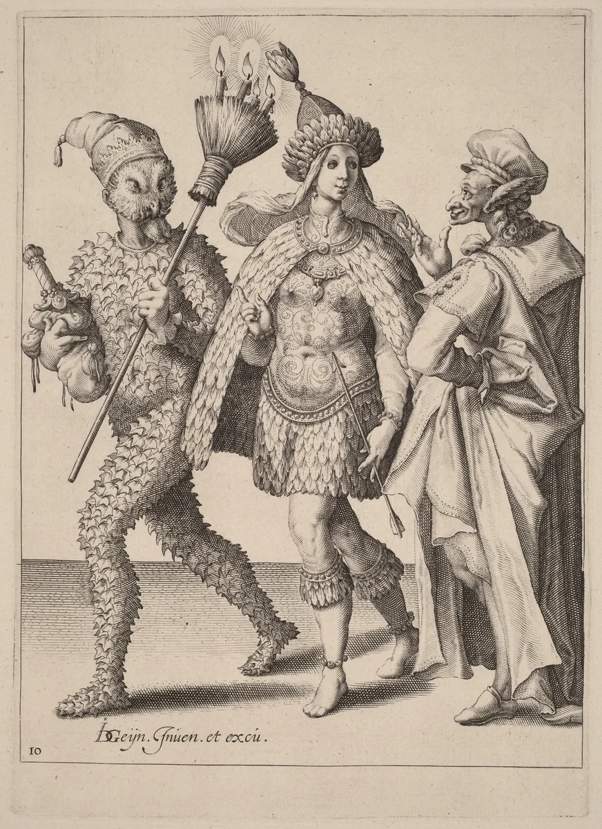 An Old Mummer Addressing a Couple Dressed in Feathers by Zacharias Dolendo; Jacques de Gheyn II, print, 1518-1641