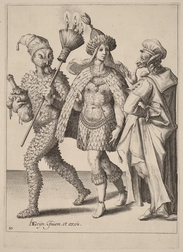 An Old Mummer Addressing a Couple Dressed in Feathers by Zacharias Dolendo; Jacques de Gheyn II, print, 1518-1641