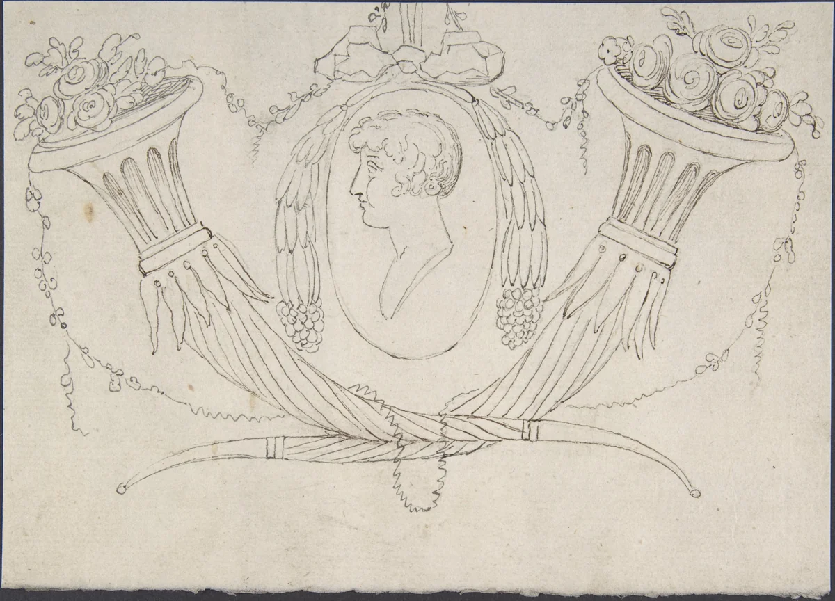 Medallion between Cornucopia by anonymous, drawing, 1775-1825
