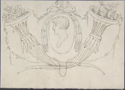 Medallion between Cornucopia by anonymous, drawing, 1775-1825