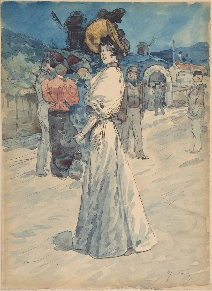 A Parisienne Outside the Moulin de la Galette by Henri Somm, drawing, 1844-1907
