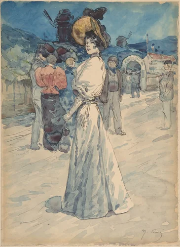 A Parisienne Outside the Moulin de la Galette by Henri Somm, drawing, 1844-1907