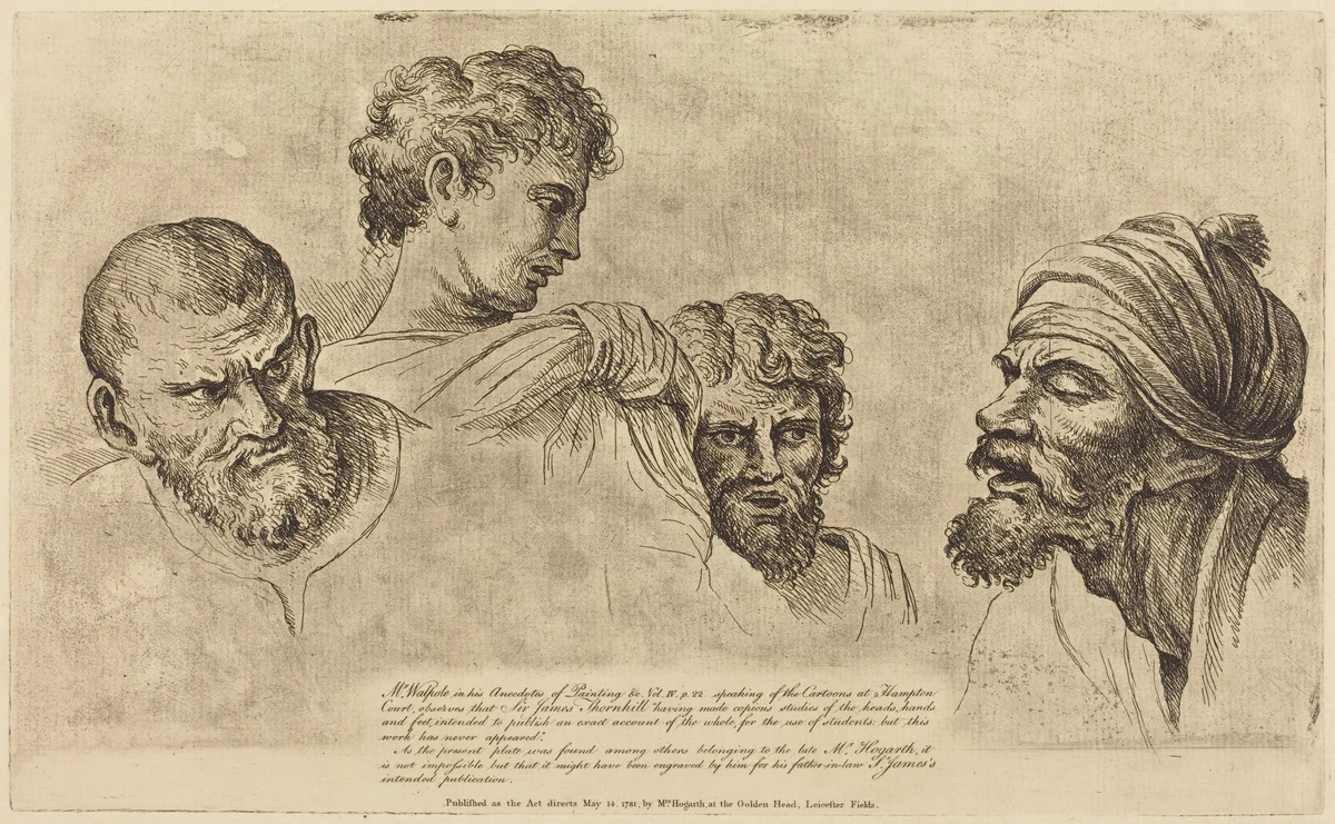 Four Heads from the Raphael Cartoons at Hampton Court by William Hogarth, print, 1729