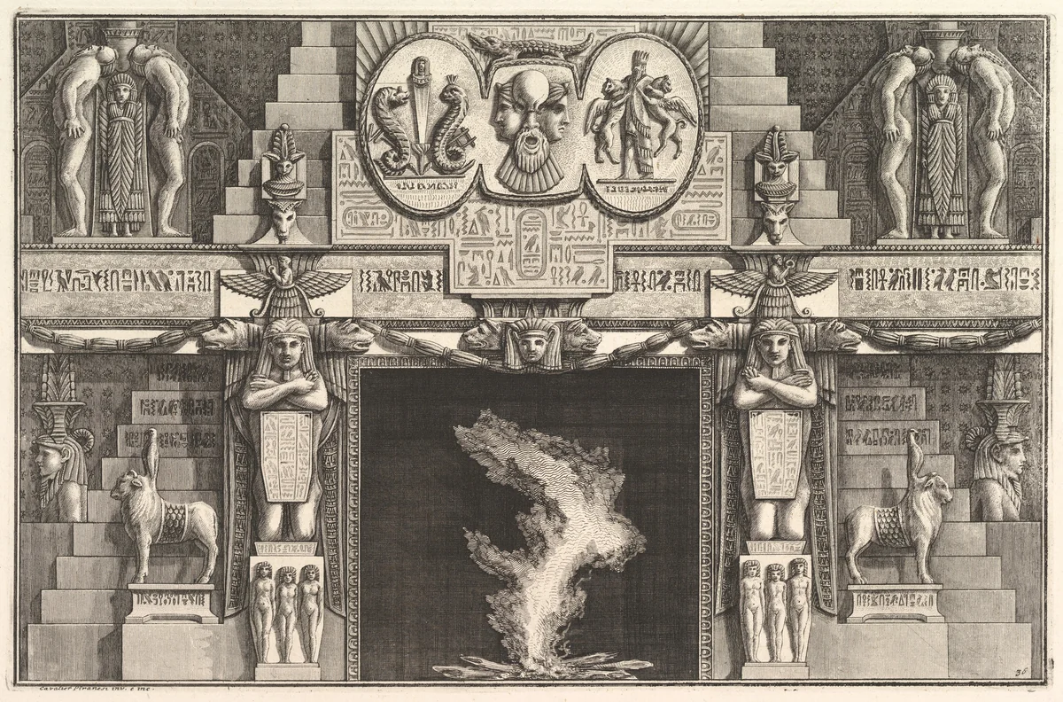 Chimneypiece in the Egyptian style: Groups of three female nudes at the base of each jamb, surmounted by larger kneeling figures), from Diverse Maniere d'adornare i cammini ed ogni altra parte degli edifizi...(Different Ways of ornamenting chimneypieces and all other parts of houses) by Giovanni Battista Piranesi, print, 1764-1774