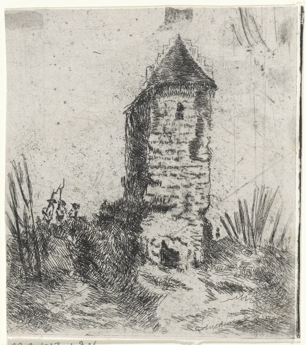 Drie soldaten bij een toren by Arnoud Schaepkens, print, 1831-1904