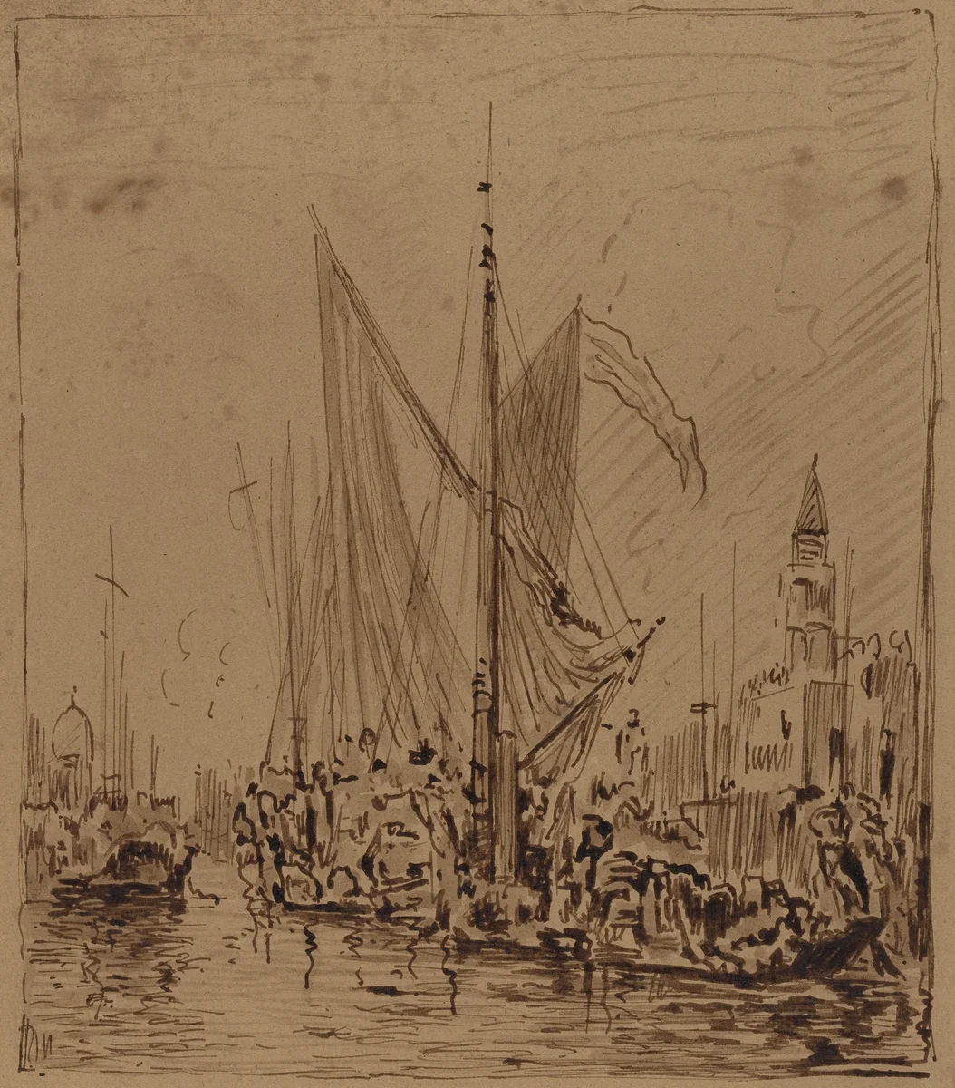 Boats and Gondolas before the Piazza San Marco by Félix Ziem, drawing, 1821-1911