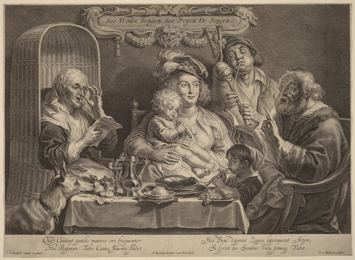 Soo D'oude Songen Soo Pepen De Jongen (As the old sing, so the young twitter) by Schelte Adams Bolswert; Jacob Jordaens, print, 1635-1645