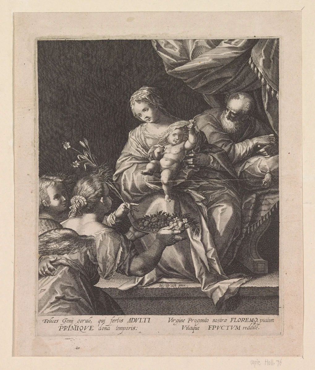 Heilige familie met twee engelen by anonymous, print, 1598-1658