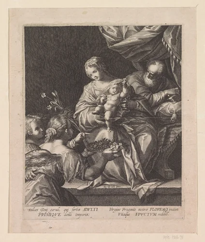 Heilige familie met twee engelen by anonymous, print, 1598-1658