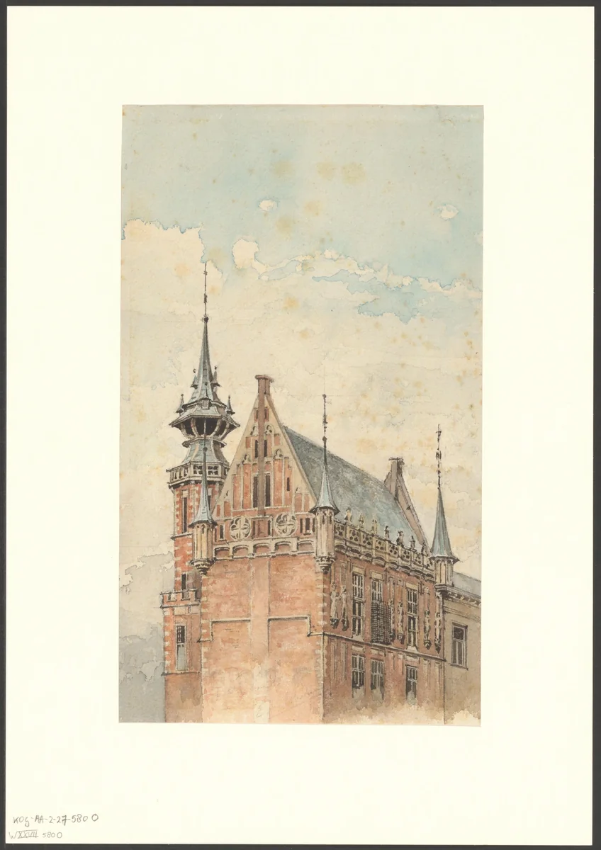 Gezicht op een Hollands neogotisch gebouw by anonymous, drawing, 1850-1950