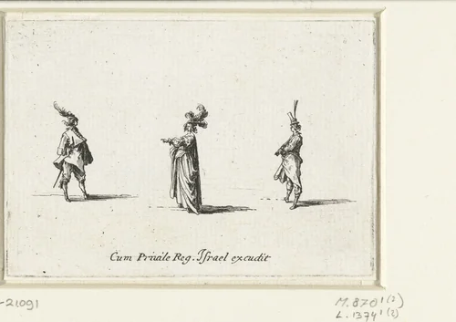 Dame, de linkerarm uitgestoken, op de linkerzijde gezien, tussen twee heren by Jacques Callot, print, 1633-1635