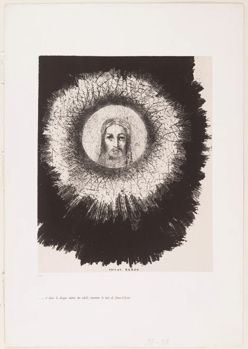 . . . And in the Very Disk of the Sun Shines the Face of Jesus Christ (. . . Et dans le disque même du soleil rayonne la face de Jésus-Christ) from The Temptation of Saint Anthony (La Tentation de Saint-Antoine) by Odilon Redon, print, 1888