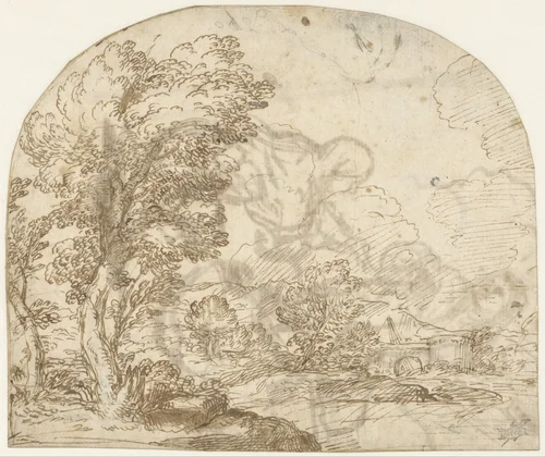 Landschap met een boom op de voorgrond by Unknown, drawing, 1570-1609
