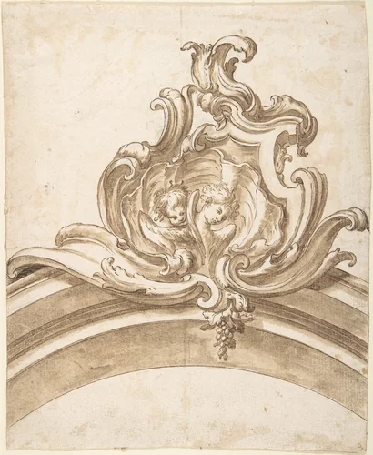 Design for a Cartouche with Two Putti Heads inside a Shell, Atop an Arch by anonymous, drawing, 1700-1780
