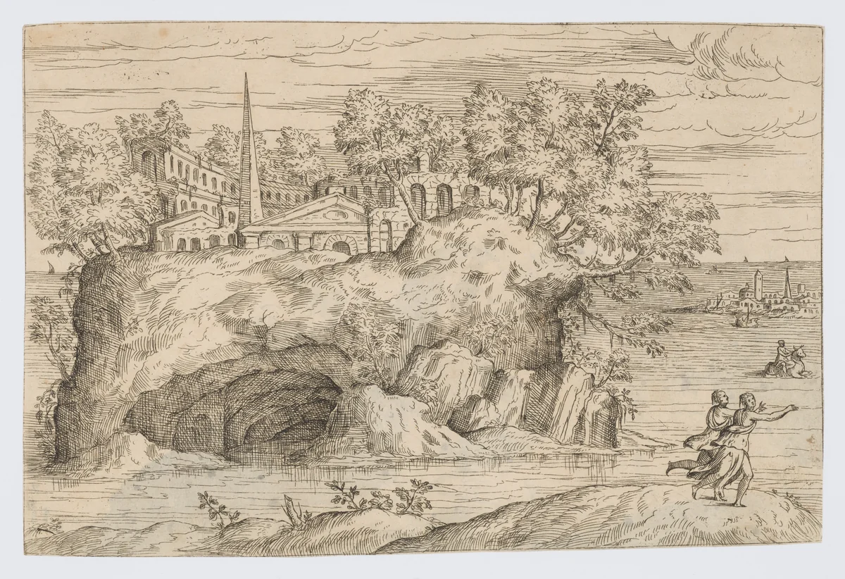 View of an Island with Antique Ruins (The Abduction of Europa), from: Imagini Favolose by Giovanni Battista Pittoni, print, 1575-1585