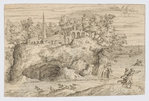View of an Island with Antique Ruins (The Abduction of Europa), from: Imagini Favolose by Giovanni Battista Pittoni, print, 1575-1585