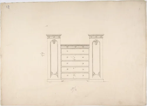Design for a Cabinet with Central Drawers and Palmeate Ornament by anonymous, drawing, 1800-1850